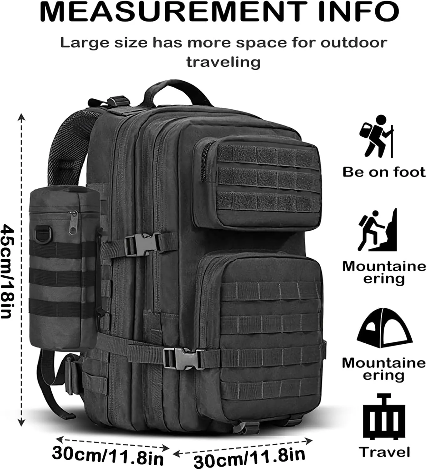 30L Military Tactical Backpack 3 Day Assault Pack Molle Hiking Rucksack With Bottle Holder