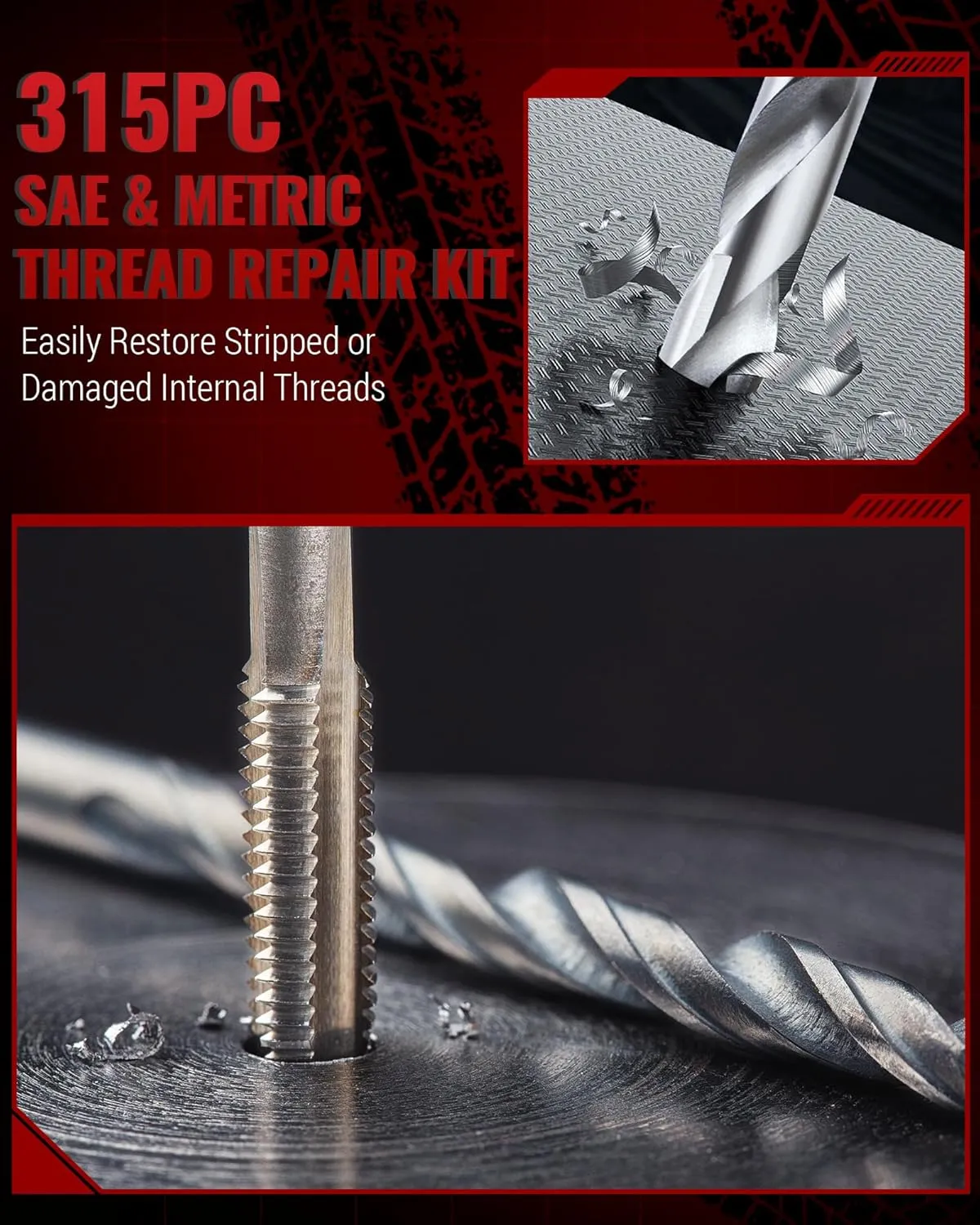 315 PC Helicoil Thread Repair Kit, Metric & SAE Helicoil Kit with HSS Drill Bits Inserts Taps Break Off Tools, Rethreading Tools in M5 M6 M8 M10 M12 & 1/4" 5/16" 3/8" 7/16" 1/2" Sizes