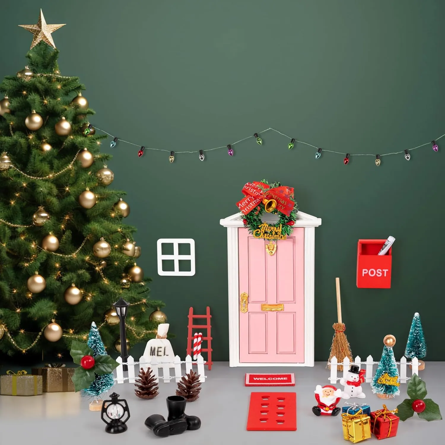 31Pcs Christmas Elf Fairy Door Kit - Miniature Accessories Garden Wooden Decorations Craft Set(Pink)
