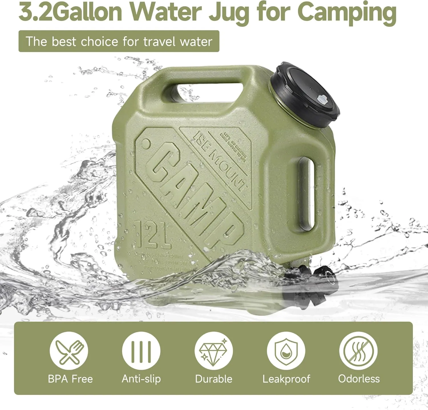3.2 Gallon Water Jug with Spigot, Portable Water Tank BPA Free, Leak-Proof Water Containers for Camping Water Storage Containers for Emergency Outdoor Hiking Picnic, Green/Black/Yellow