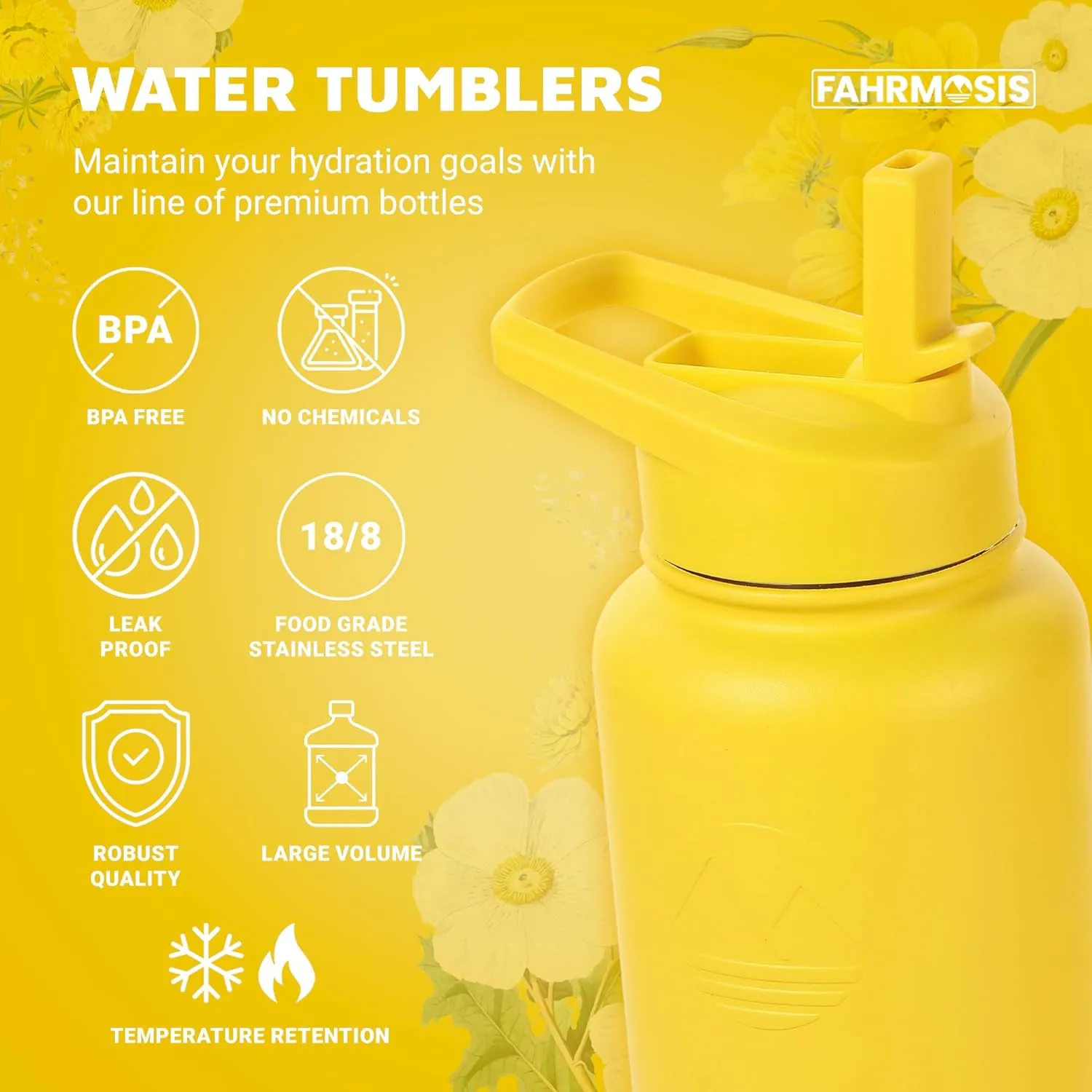 32 Oz Insulated Water Bottle with Strap Stainless Steel Sports Water Bottle with 3 Lids (Straw, Chug & Flip Lid) 1 Liter Leak Proof Insulated Metal Jug for Men & Women - Yellow