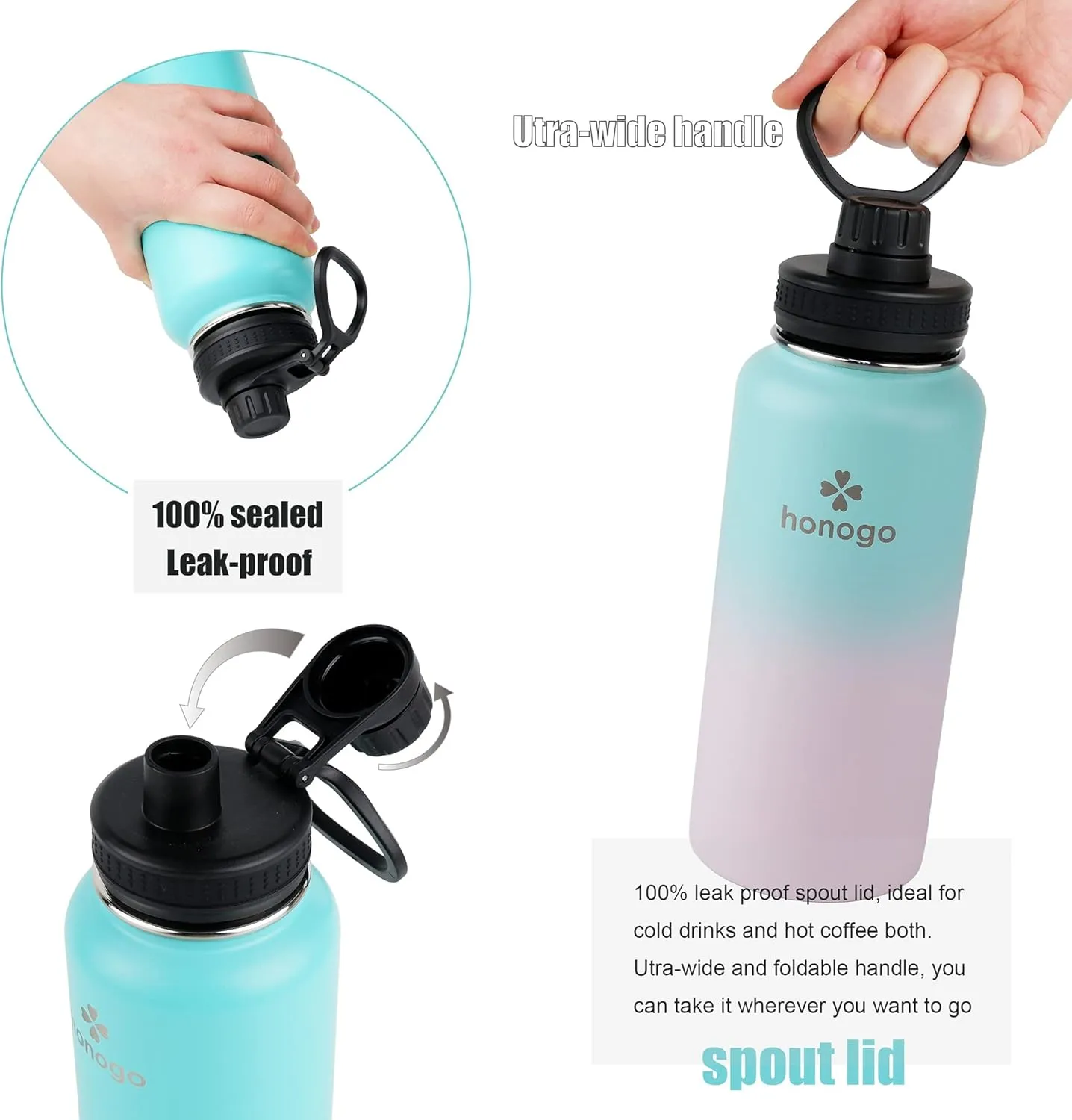 32 oz Powder Coated Double Wall Vacuum Insulated Sports Water Bottle, 18/8 Stainless Steel Wide Mouth Thermal Flask with Straw Lid & Spout Lid, Leak Proof Sweat Free BPA Free (Teal Pink, 32 oz)