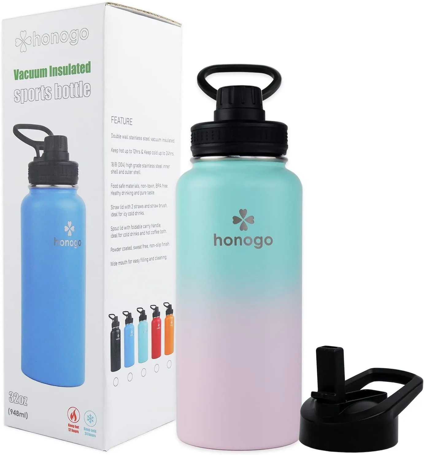 32 oz Powder Coated Double Wall Vacuum Insulated Sports Water Bottle, 18/8 Stainless Steel Wide Mouth Thermal Flask with Straw Lid & Spout Lid, Leak Proof Sweat Free BPA Free (Teal Pink, 32 oz)