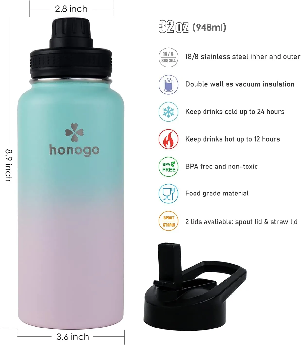 32 oz Powder Coated Double Wall Vacuum Insulated Sports Water Bottle, 18/8 Stainless Steel Wide Mouth Thermal Flask with Straw Lid & Spout Lid, Leak Proof Sweat Free BPA Free (Teal Pink, 32 oz)