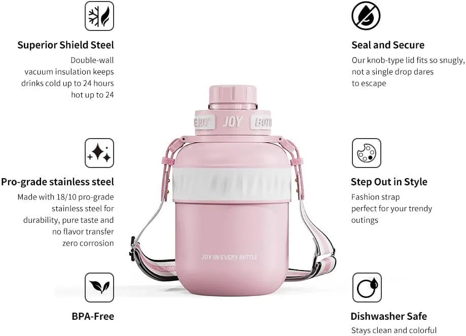32 oz Stainless Steel Water Bottle with Strap, Double Vacuum Insulated Water Bottle Eco-Friendly and Dishwasher Safe Leakproof Closeable Lid for Cold Drinks Sports Travel School Car