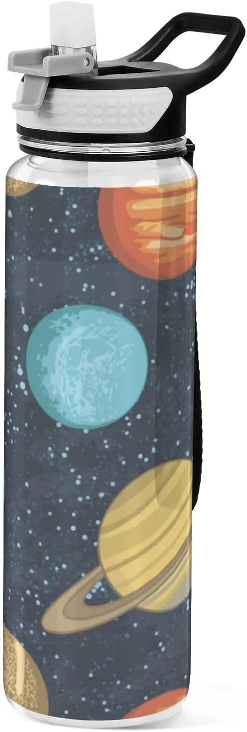 32 oz Water Bottle with Straw Lid Solar System Planets Galaxy Dark Leakproof BPA Free Tritan Water Jug with Carrying Strap for Women Men Sports Bottles for Gym Fitness Outdoor