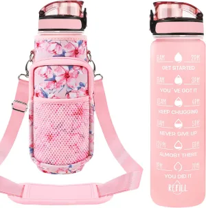 32 oz Water Bottles with Straw & Strap, Motivational Water Bottles with Times to Drink, BPA Free Reusable Sports Water Bottle with Sleeve Carrier for Hiking, Travel, Running or Fitness
