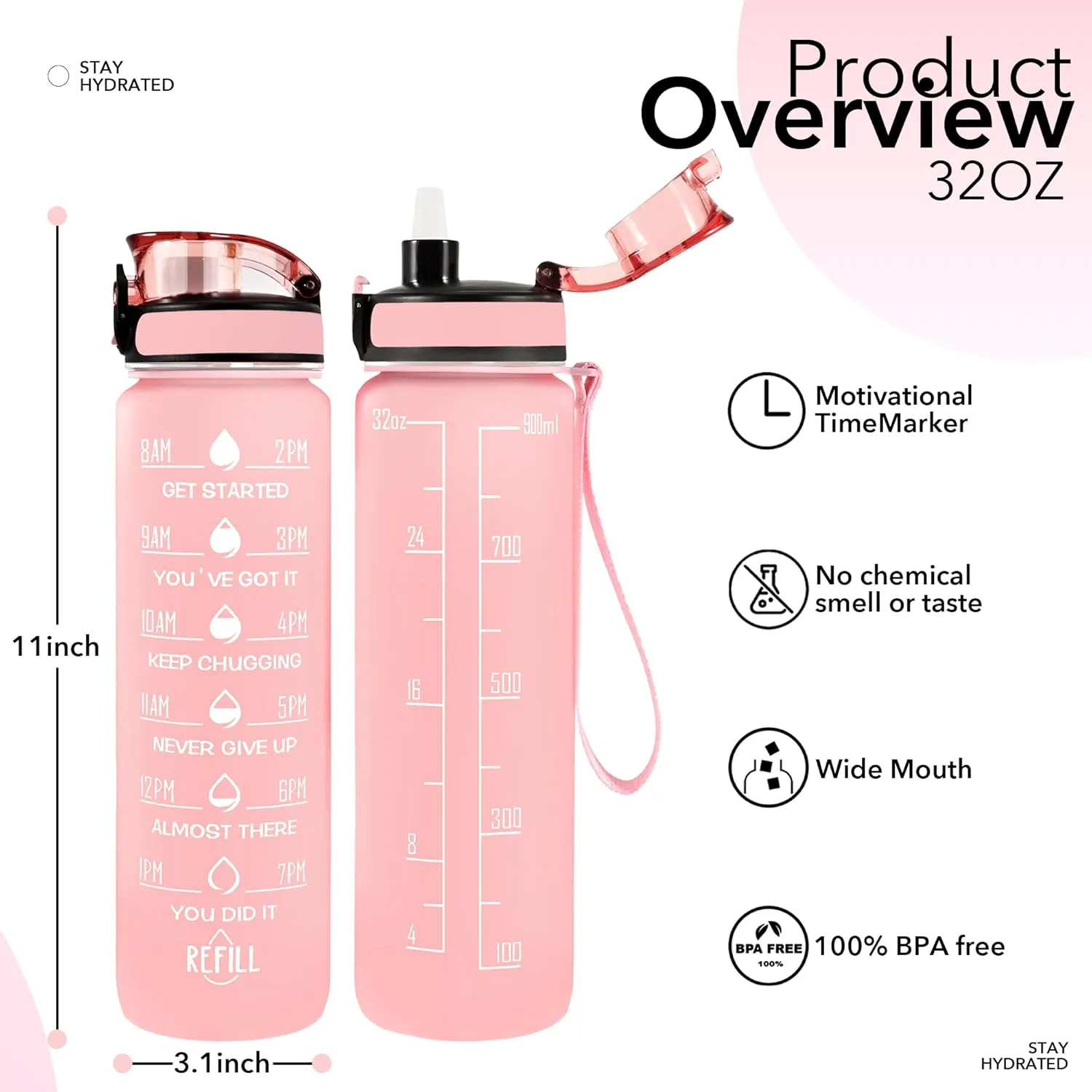 32 oz Water Bottles with Straw & Strap, Motivational Water Bottles with Times to Drink, BPA Free Reusable Sports Water Bottle with Sleeve Carrier for Hiking, Travel, Running or Fitness