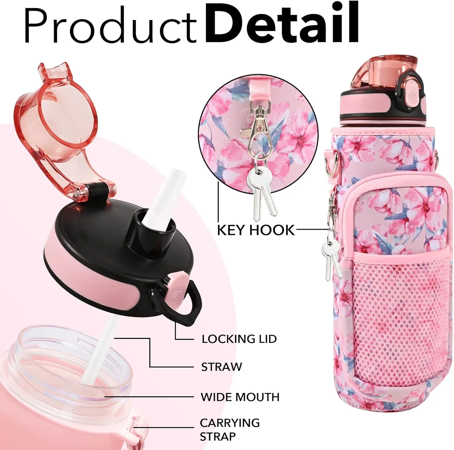 32 oz Water Bottles with Straw & Strap, Motivational Water Bottles with Times to Drink, BPA Free Reusable Sports Water Bottle with Sleeve Carrier for Hiking, Travel, Running or Fitness