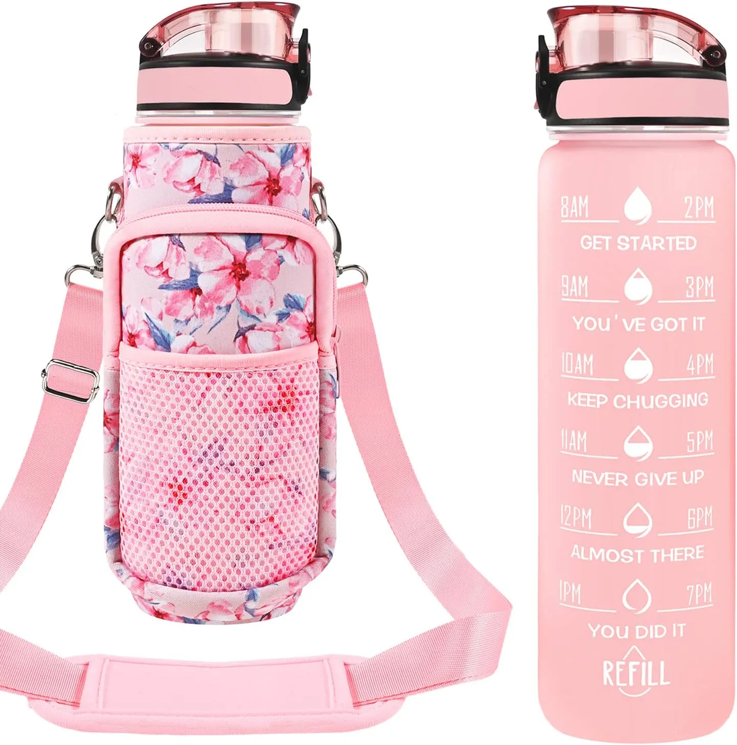 32 oz Water Bottles with Straw & Strap, Motivational Water Bottles with Times to Drink, BPA Free Reusable Sports Water Bottle with Sleeve Carrier for Hiking, Travel, Running or Fitness
