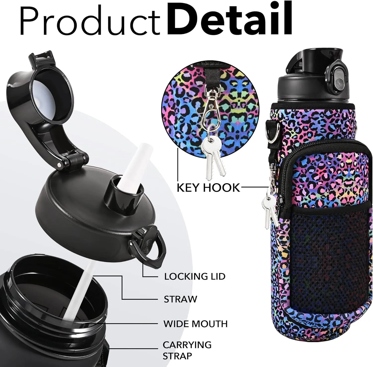 32 oz Water Bottles with Straw & Strap, Motivational Water Bottles with Times to Drink, BPA Free Reusable Sports Water Bottle with Sleeve Carrier for Hiking, Travel, Running or Fitness