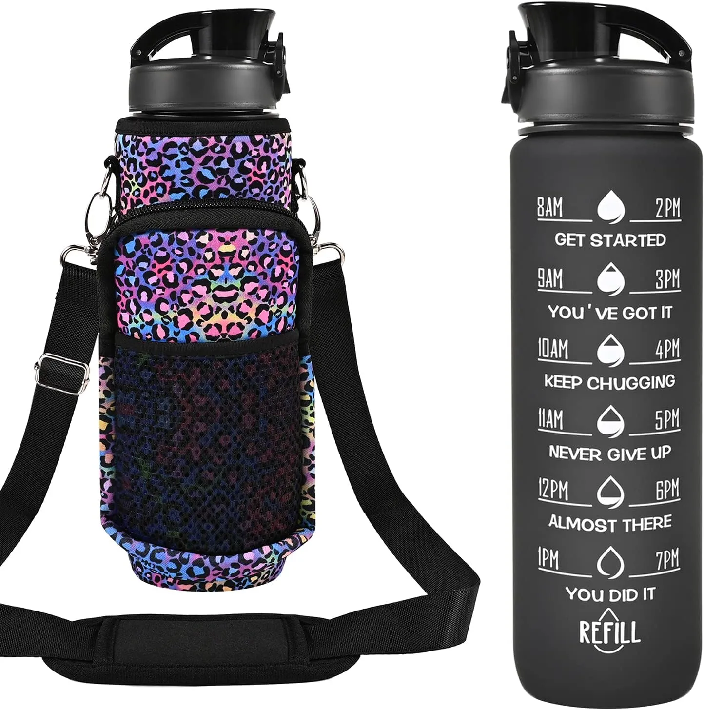 32 oz Water Bottles with Straw & Strap, Motivational Water Bottles with Times to Drink, BPA Free Reusable Sports Water Bottle with Sleeve Carrier for Hiking, Travel, Running or Fitness
