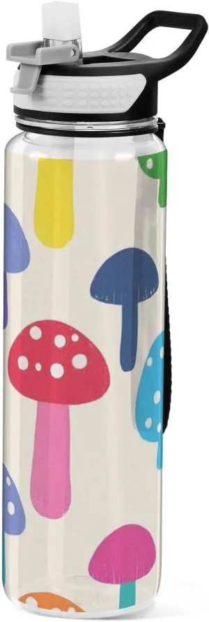 32oz Beige Cartoon Mushroom Silhouette Water Bottles Tritan BPA Free Leakproof non toxic Water Jug with Straw for Hiking Collapsible