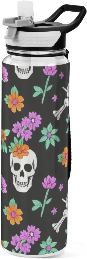 32oz Black Flower Skull Skeleton Silicone Spout Water Bottle Tritan Free BPA non toxic Water Bottle Jug for Car Cup Collapsible