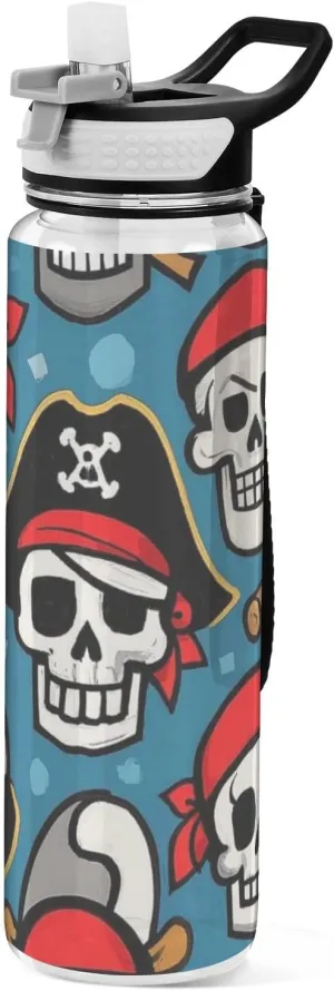 32oz Cartoon White Pirate Skull Swim Water Bottles Tritan BPA Free non toxic Jug with Handle for Running Collapsible