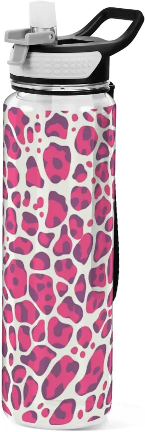 32oz Chinese Leopard Skin Print Deeppink Straw Water Bottle Tritan BPA-Free non toxic Water Jug with Straw for Outdoors Collapsible