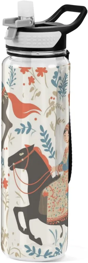 32oz Girl Flowers Boho Horse Straw Water Bottle Tritan Non-BPA non toxic Jug Water Bottle for Walking Collapsible