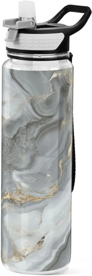 32oz White Gold Marble Texture Straw Water Bottle Tritan Non-BPA non toxic Jug Water Bottle for Gym Collapsible