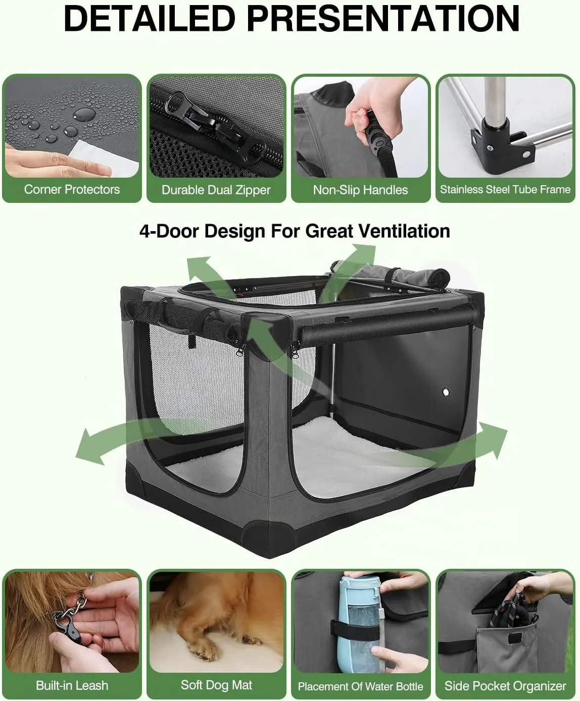 36 Inch Collapsible Travel Dog Crate for Medium Large Dogs, Portable Dog Crate 4-Door Foldable Soft Kennel with Chew-Proof Mesh Windows for Indoor & Outdoor Travel,with Storage Bag,Grey