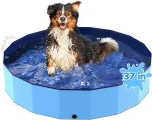 37'' Foldable Dog Pool, Kiddie Pool, Heavy Duty Non-Slip Plastic Pet Wading Pools for Large Dogs, Indoor and Outdoor Kids Pet Dog Bathtub