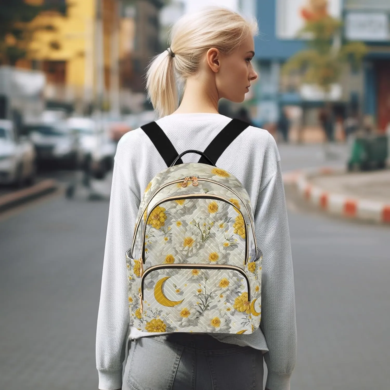 3d Pattern Floral Crescent White Campus Backpack Purse Bookbag Quilted Backpack for Women 13" Laptop Backpack Stylish Printed Rucksack with Multiple Pockets Lightweight Travel