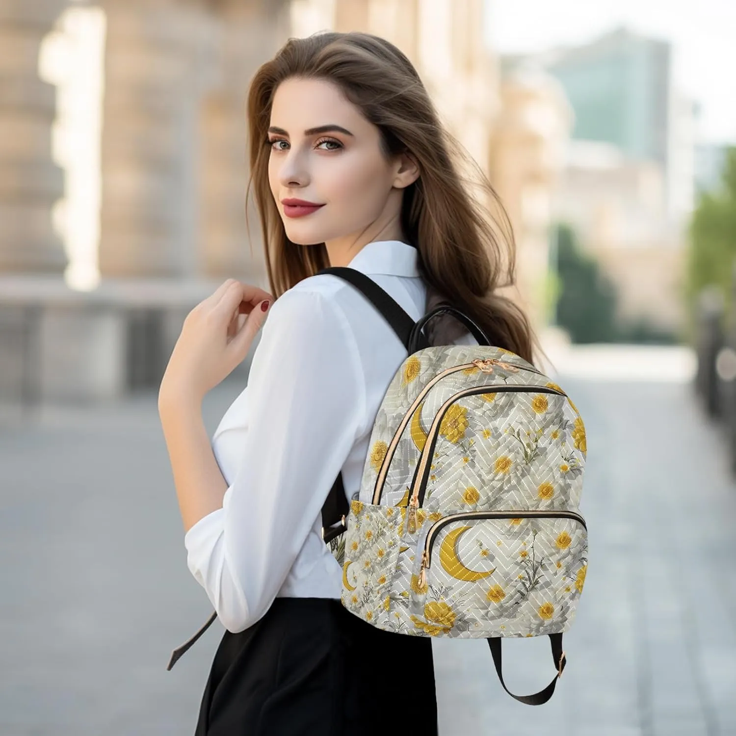 3d Pattern Floral Crescent White Campus Backpack Purse Bookbag Quilted Backpack for Women 13" Laptop Backpack Stylish Printed Rucksack with Multiple Pockets Lightweight Travel