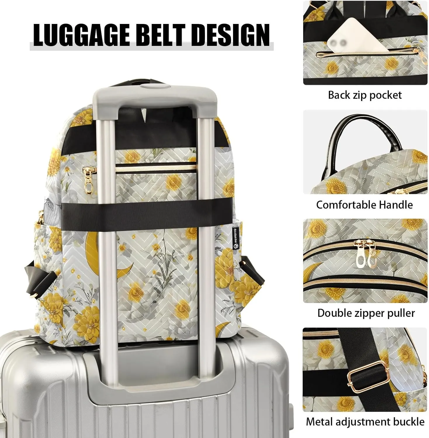 3d Pattern Floral Crescent White Campus Backpack Purse Bookbag Quilted Backpack for Women 13" Laptop Backpack Stylish Printed Rucksack with Multiple Pockets Lightweight Travel