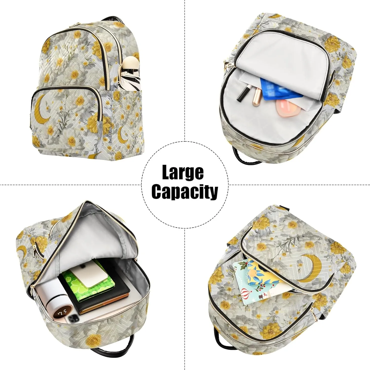 3d Pattern Floral Crescent White Campus Backpack Purse Bookbag Quilted Backpack for Women 13" Laptop Backpack Stylish Printed Rucksack with Multiple Pockets Lightweight Travel