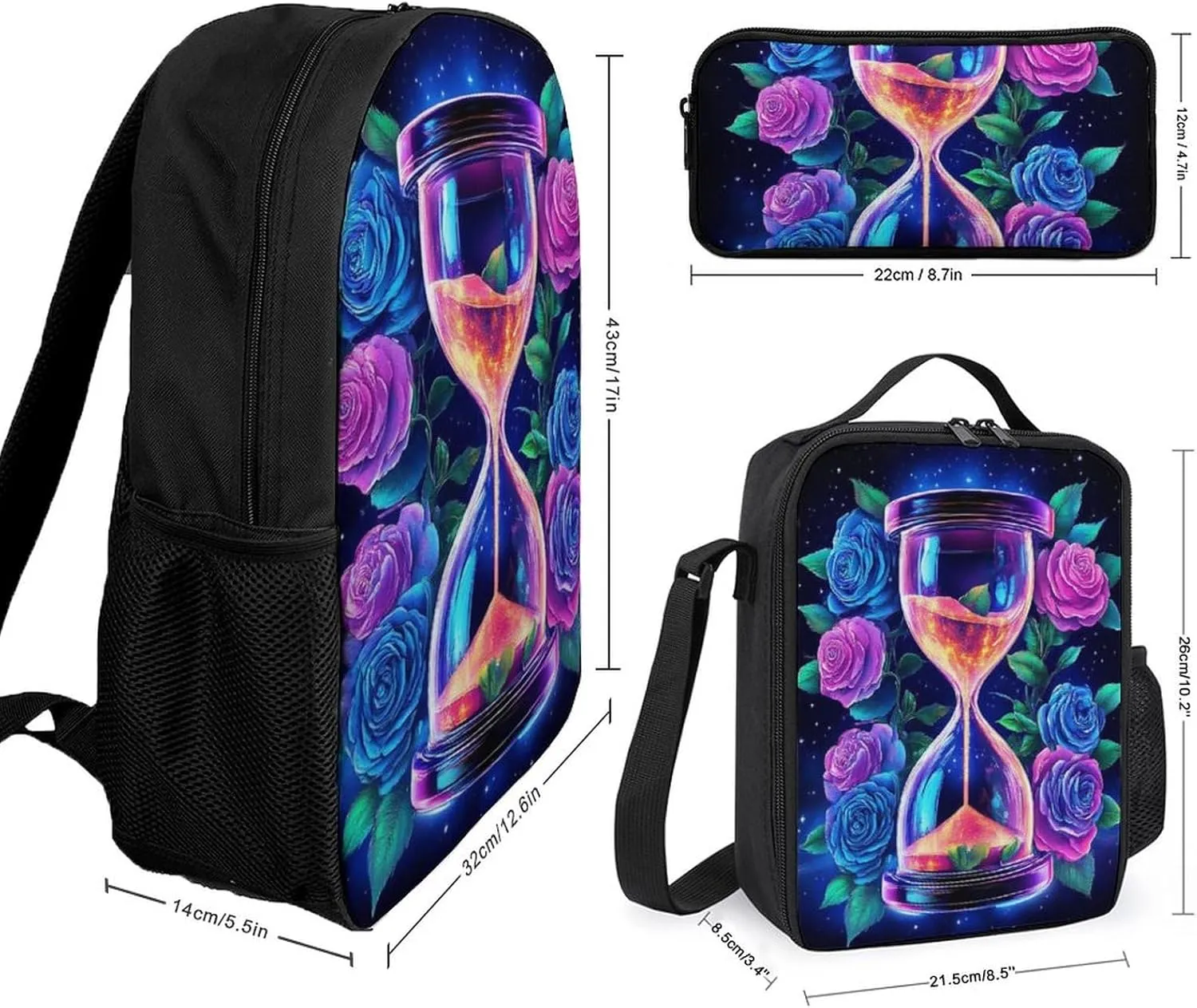3PCS Backpacks Set, Large Capacity Travel Daypack 17 Inch Trippy Magic Flowers Rose Art Insulated Lunch Bag Lightweight Compact Pencil Pen Case