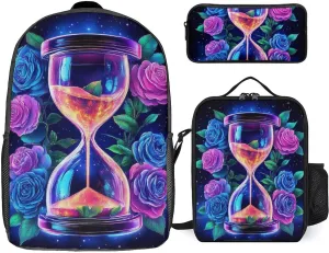 3PCS Backpacks Set, Large Capacity Travel Daypack 17 Inch Trippy Magic Flowers Rose Art Insulated Lunch Bag Lightweight Compact Pencil Pen Case