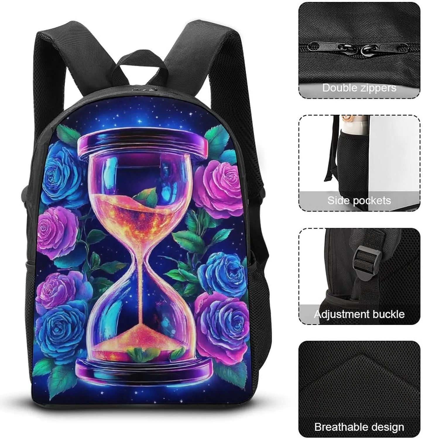 3PCS Backpacks Set, Large Capacity Travel Daypack 17 Inch Trippy Magic Flowers Rose Art Insulated Lunch Bag Lightweight Compact Pencil Pen Case