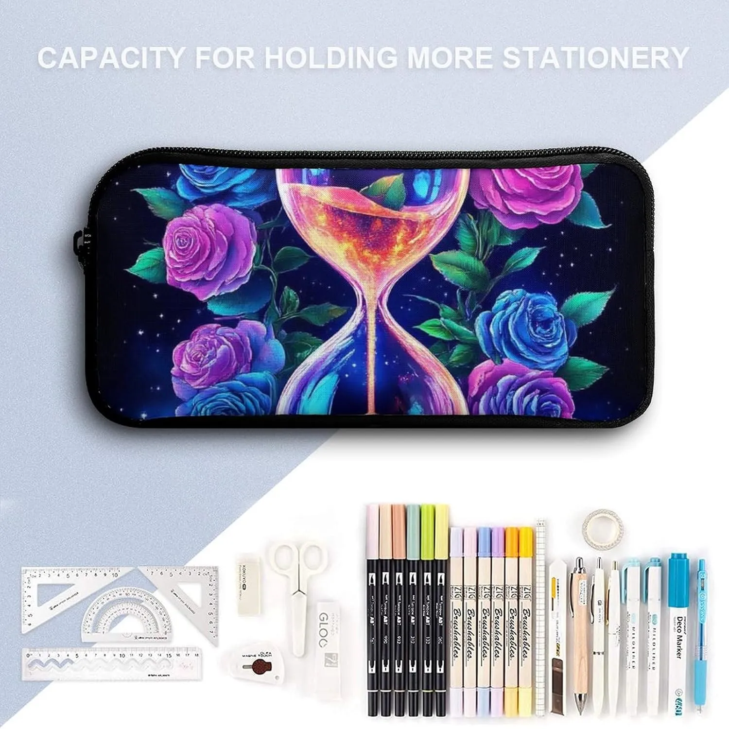 3PCS Backpacks Set, Large Capacity Travel Daypack 17 Inch Trippy Magic Flowers Rose Art Insulated Lunch Bag Lightweight Compact Pencil Pen Case