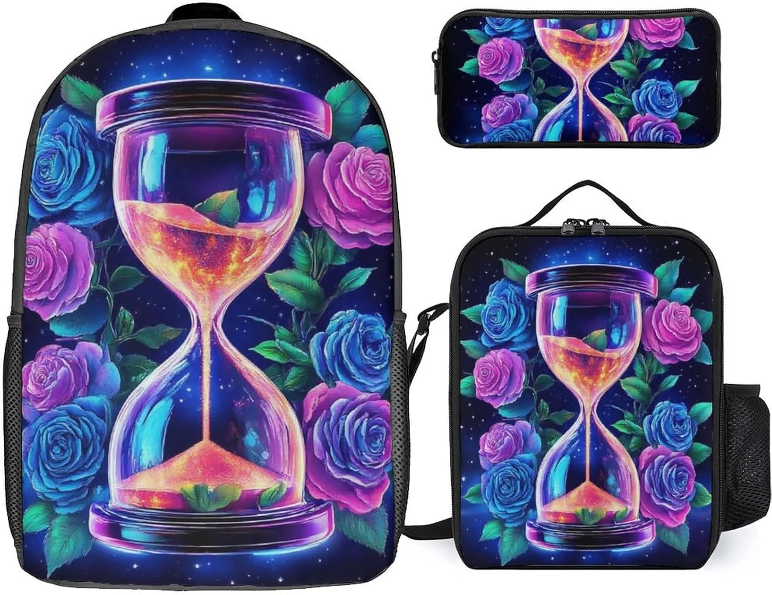 3PCS Backpacks Set, Large Capacity Travel Daypack 17 Inch Trippy Magic Flowers Rose Art Insulated Lunch Bag Lightweight Compact Pencil Pen Case