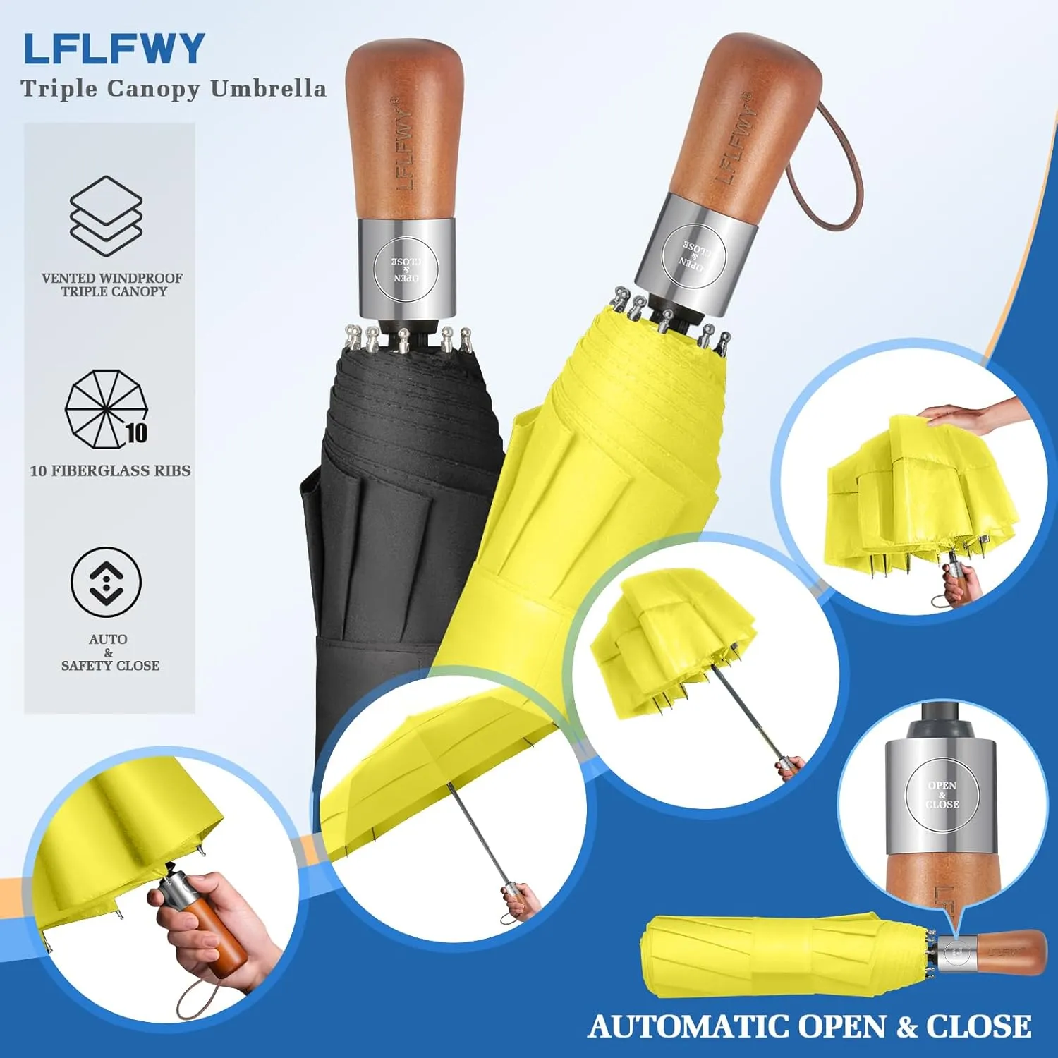 3T Wind Armor Travel Umbrella Compact Easy Auto Open Close Folding Umbrellas for Rain Windproof Umbrella for Women and Men Durable Real Wood Handle Portable Fits Backpack Car
