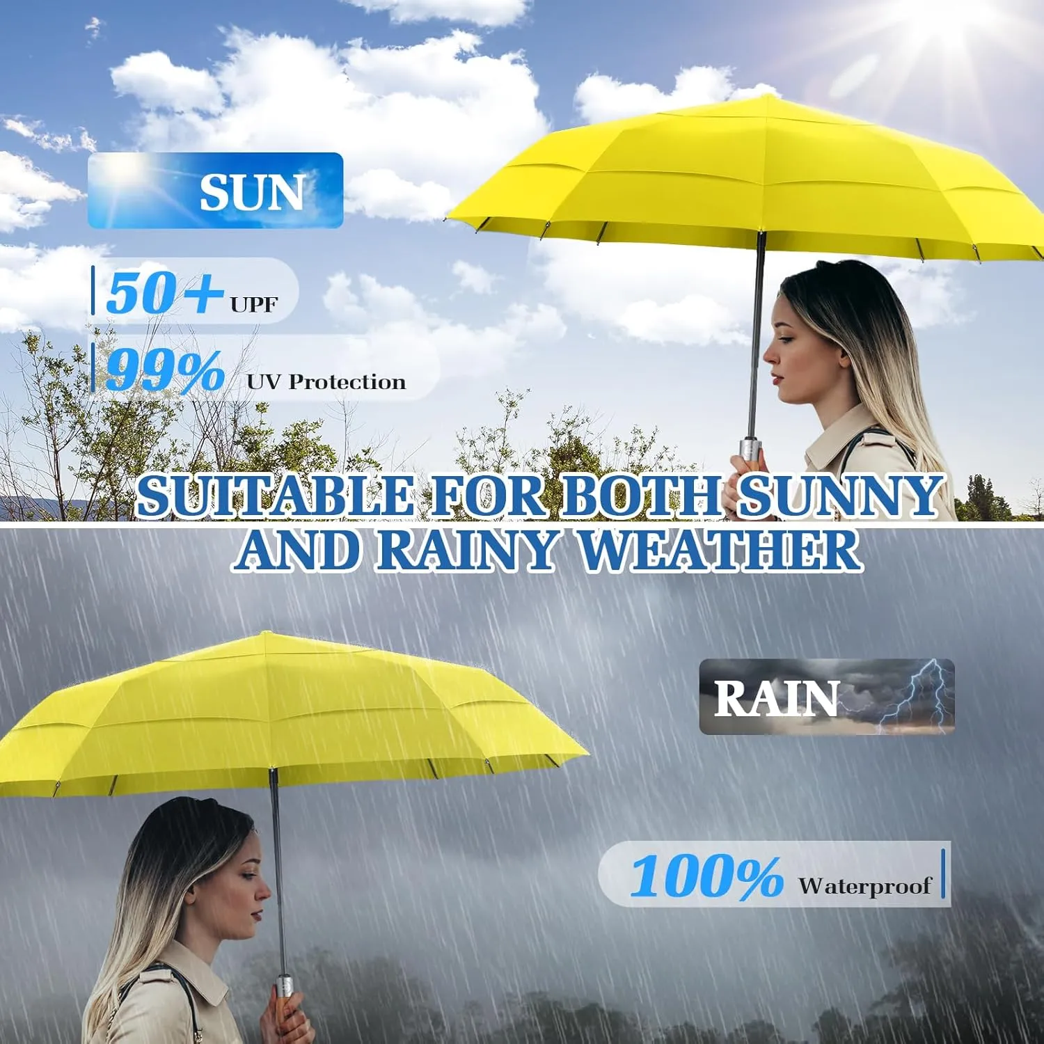 3T Wind Armor Travel Umbrella Compact Easy Auto Open Close Folding Umbrellas for Rain Windproof Umbrella for Women and Men Durable Real Wood Handle Portable Fits Backpack Car