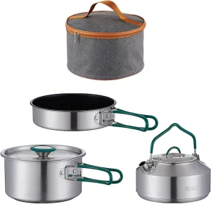 3X Camping Cooking Set with Storage Pouch Foldable Handle Cookset Camping Cookware Mess Kit Pot Pan Kettle for Home Barbecue, 1 L Frying Pan