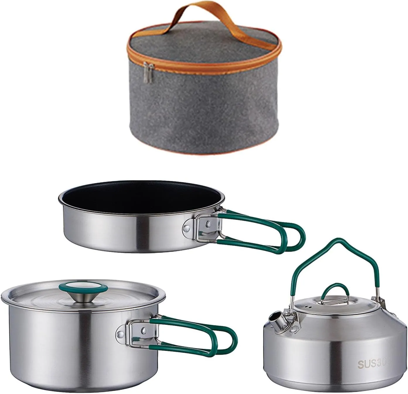 3X Camping Cooking Set with Storage Pouch Foldable Handle Cookset Camping Cookware Mess Kit Pot Pan Kettle for Home Barbecue, 1 L Frying Pan