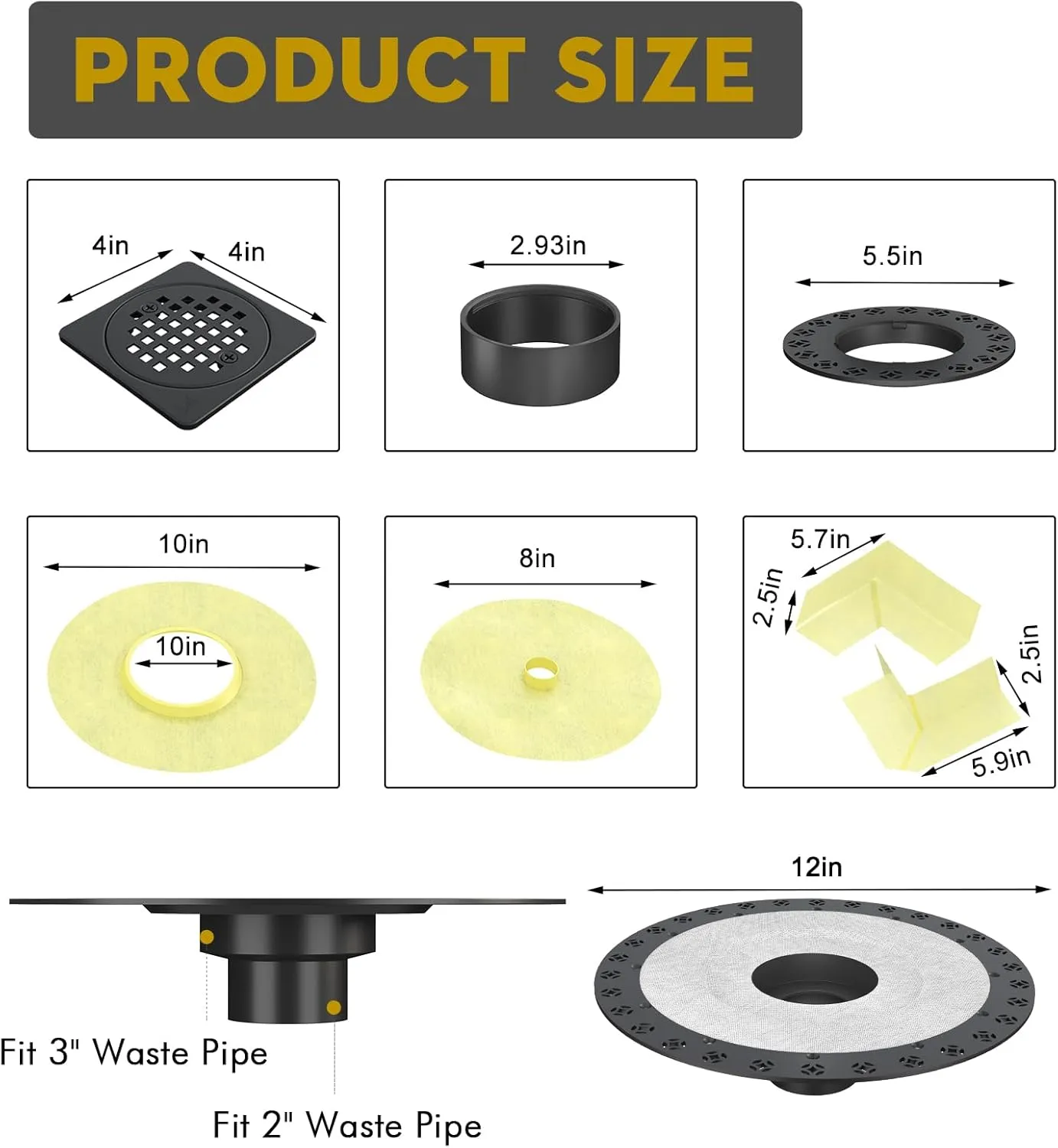 4” Drain Grate Kit - Compatible with Schluter Systems Kerdi Shower Drain - Shower Floor Drain Kit with Flange - SUS 304 Stainless Steel Grate & 2 Inch ABS Flange & CUPC Certification - Matte Black
