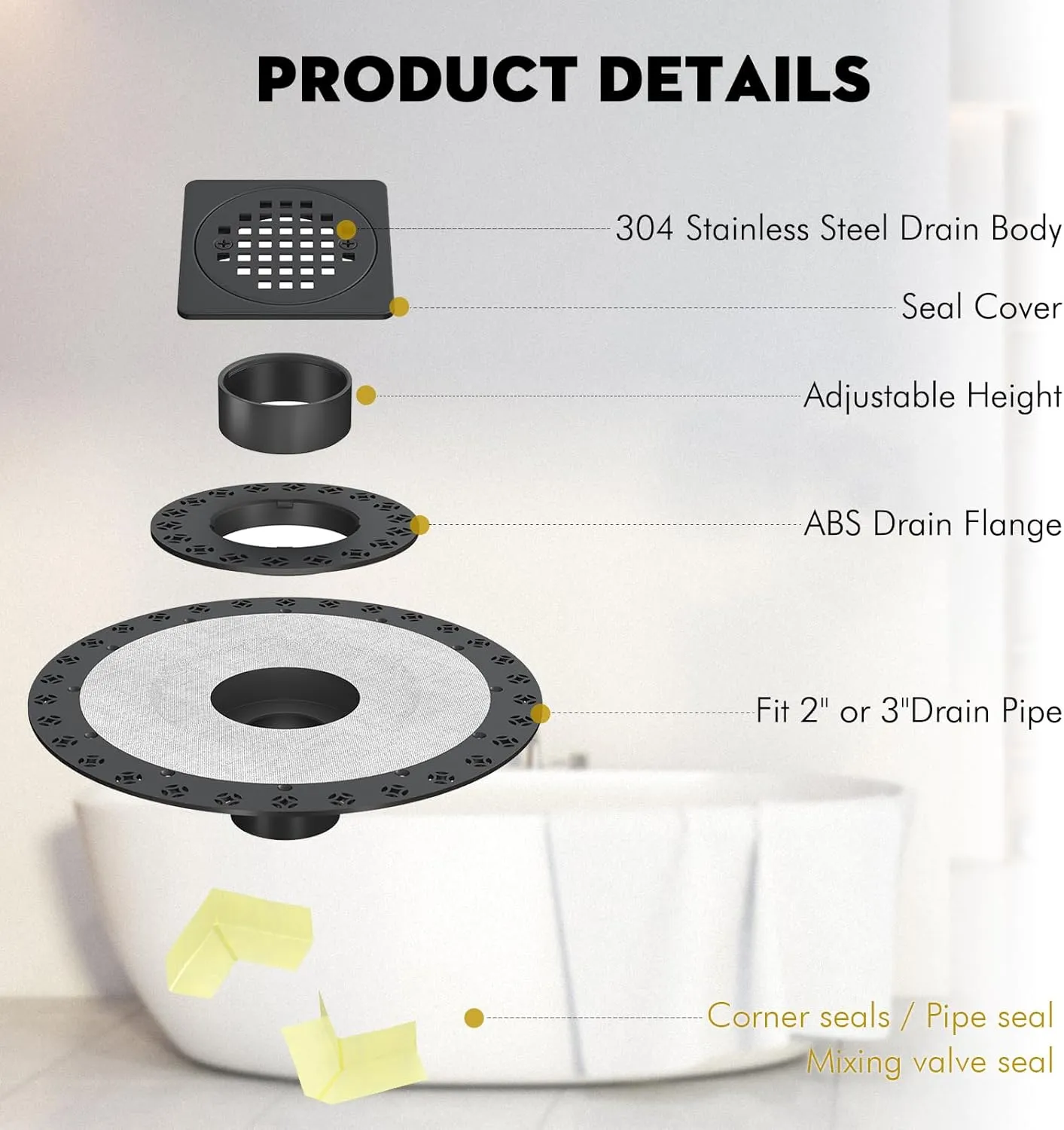 4” Drain Grate Kit - Compatible with Schluter Systems Kerdi Shower Drain - Shower Floor Drain Kit with Flange - SUS 304 Stainless Steel Grate & 2 Inch ABS Flange & CUPC Certification - Matte Black