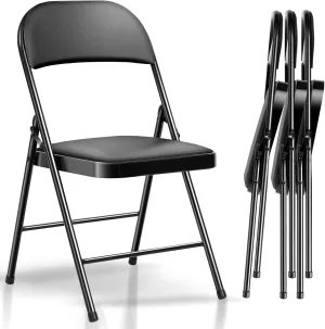 4 Pack Folding Chair, Comfortable Padded Seats with Leather - like Cushion Folding Chairs, Foldable Chair with Durable Steel Frame, Saving for Home and Office Use, for Indoor and Outdoor Event (Black)