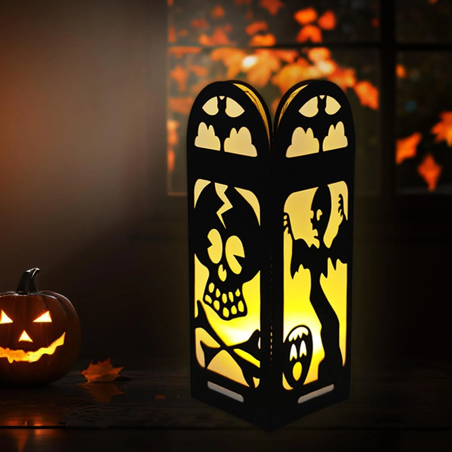 4 Pcs Skull Halloween Light Up Centerpieces - Horror Character Lantern Boxes with LED Light for Creepy Scary Terror Halloween Table Centerpieces Party Supplies - Black 8x3 Inch