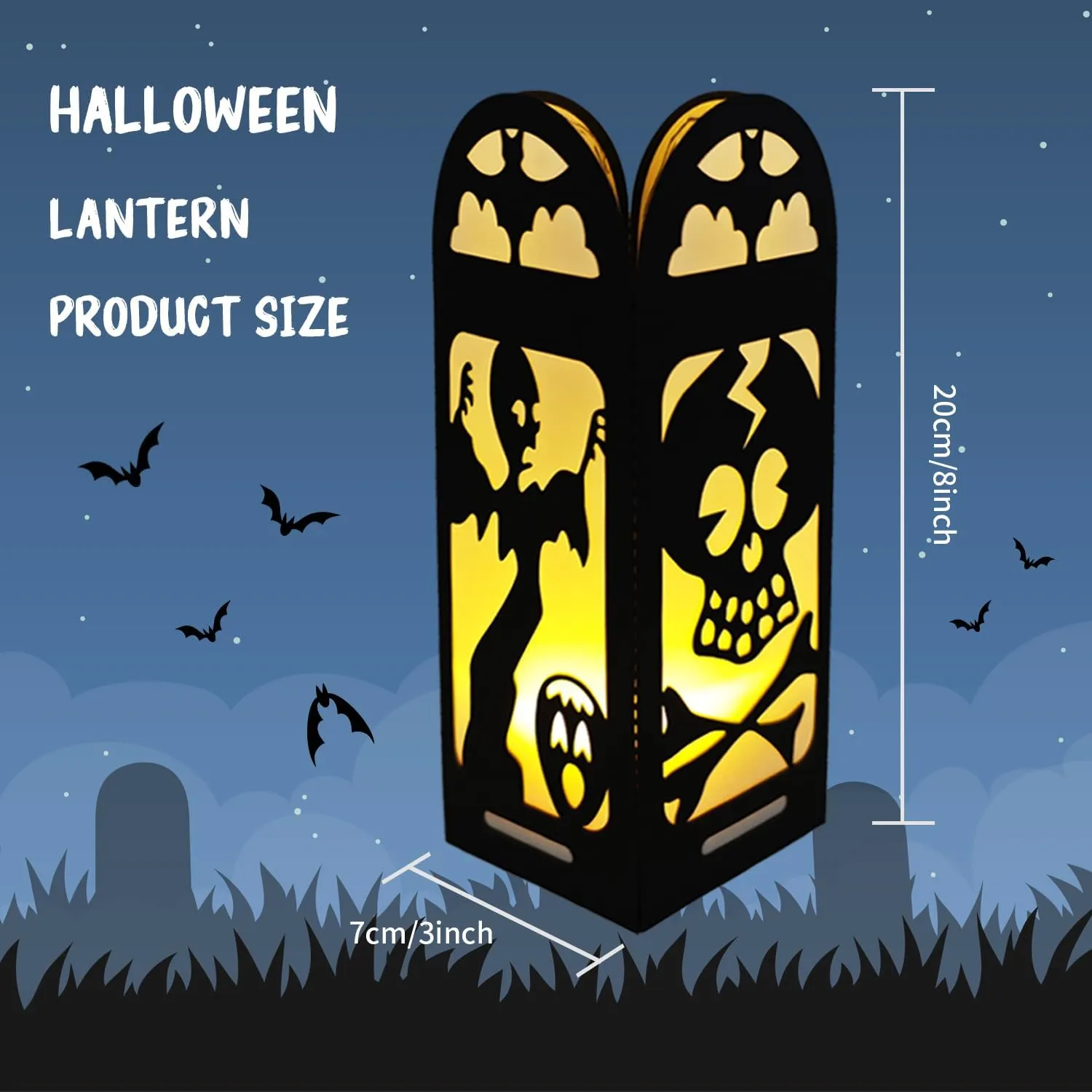 4 Pcs Skull Halloween Light Up Centerpieces - Horror Character Lantern Boxes with LED Light for Creepy Scary Terror Halloween Table Centerpieces Party Supplies - Black 8x3 Inch