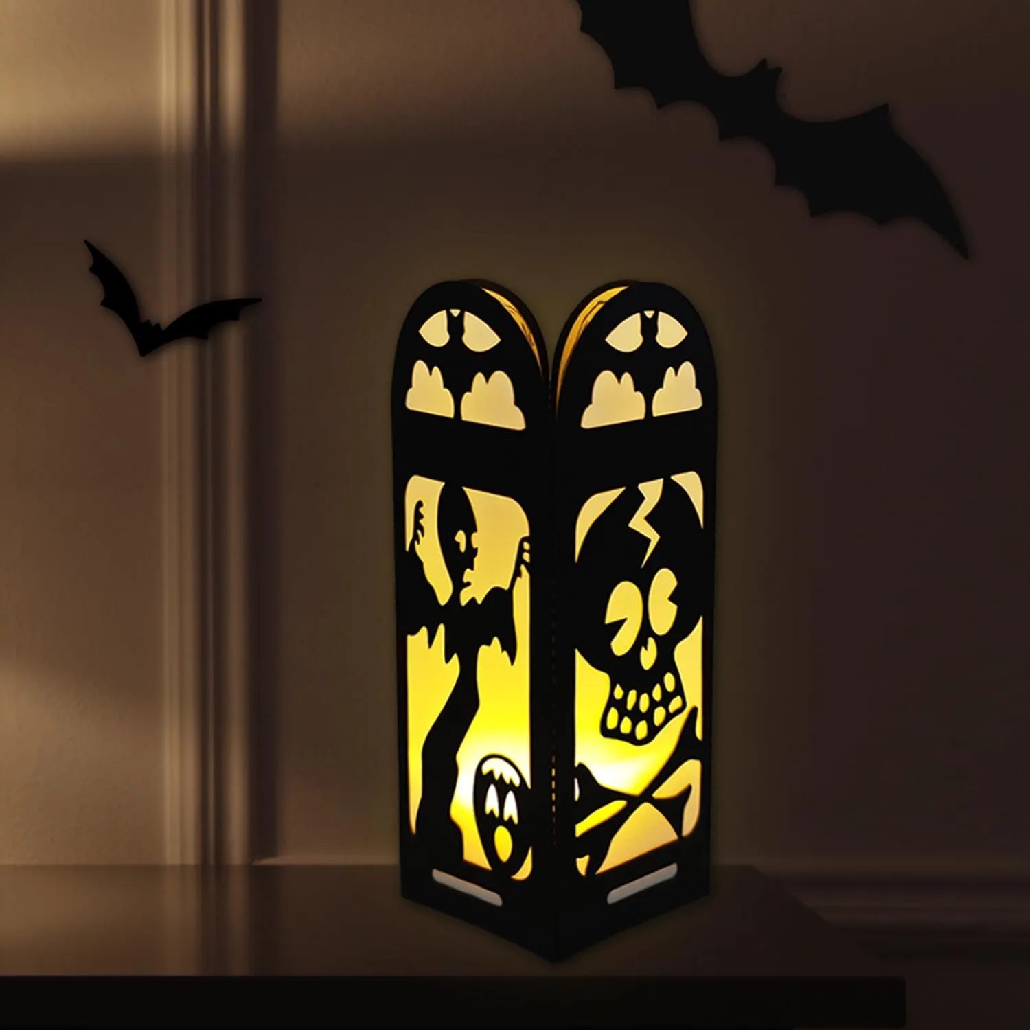 4 Pcs Skull Halloween Light Up Centerpieces - Horror Character Lantern Boxes with LED Light for Creepy Scary Terror Halloween Table Centerpieces Party Supplies - Black 8x3 Inch