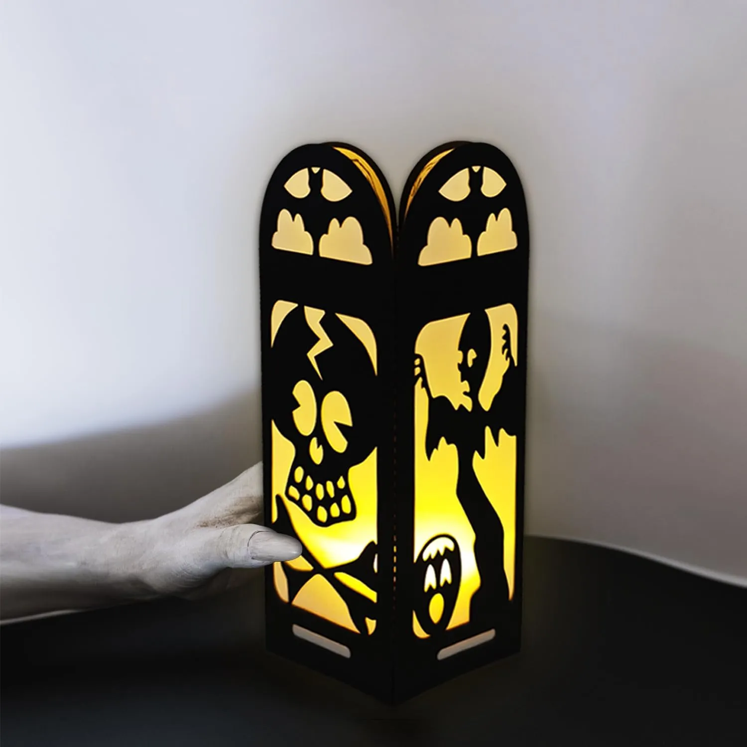 4 Pcs Skull Halloween Light Up Centerpieces - Horror Character Lantern Boxes with LED Light for Creepy Scary Terror Halloween Table Centerpieces Party Supplies - Black 8x3 Inch