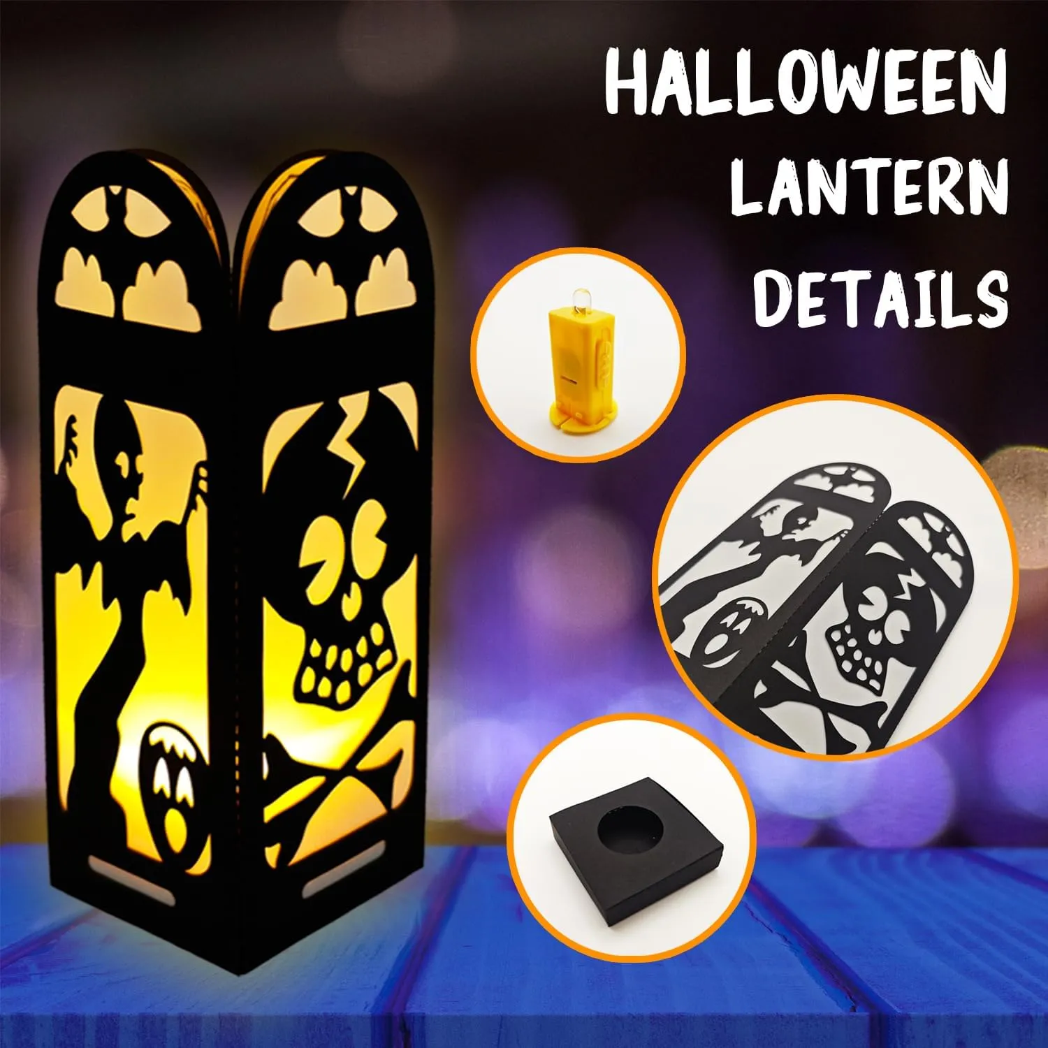 4 Pcs Skull Halloween Light Up Centerpieces - Horror Character Lantern Boxes with LED Light for Creepy Scary Terror Halloween Table Centerpieces Party Supplies - Black 8x3 Inch