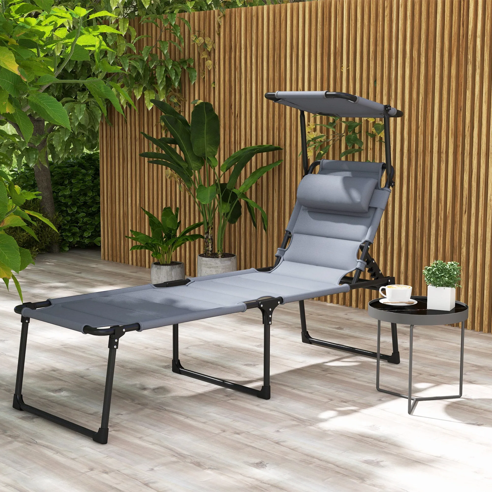 4-Position Adjustable Backrest Folding Lounge Chair with Cushion, Canopy & Pillow, Gray