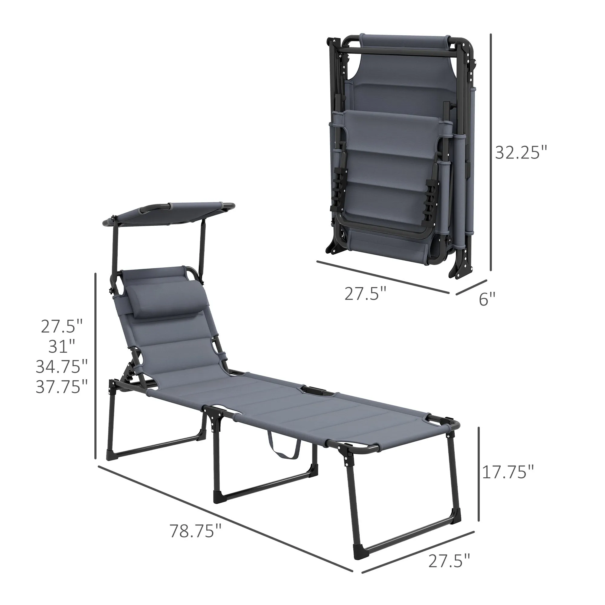 4-Position Adjustable Backrest Folding Lounge Chair with Cushion, Canopy & Pillow, Gray