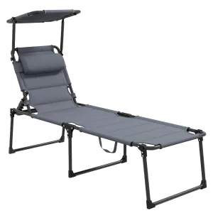 4-Position Adjustable Backrest Folding Lounge Chair with Cushion, Canopy & Pillow, Gray