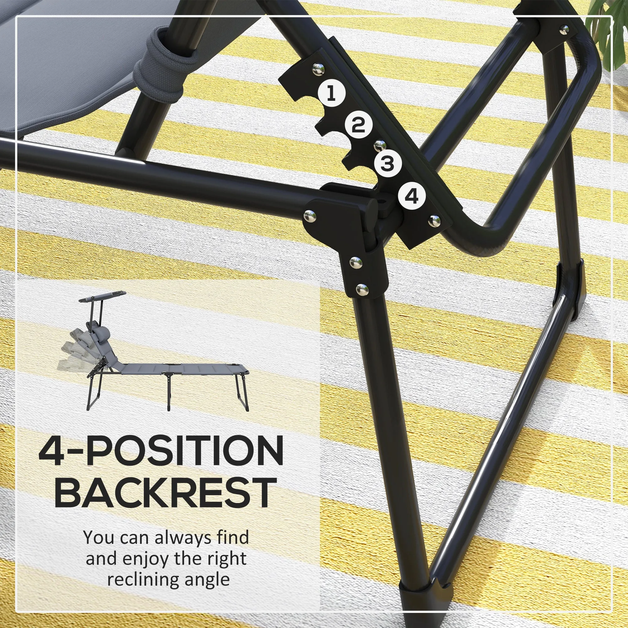 4-Position Adjustable Backrest Folding Lounge Chair with Cushion, Canopy & Pillow, Gray