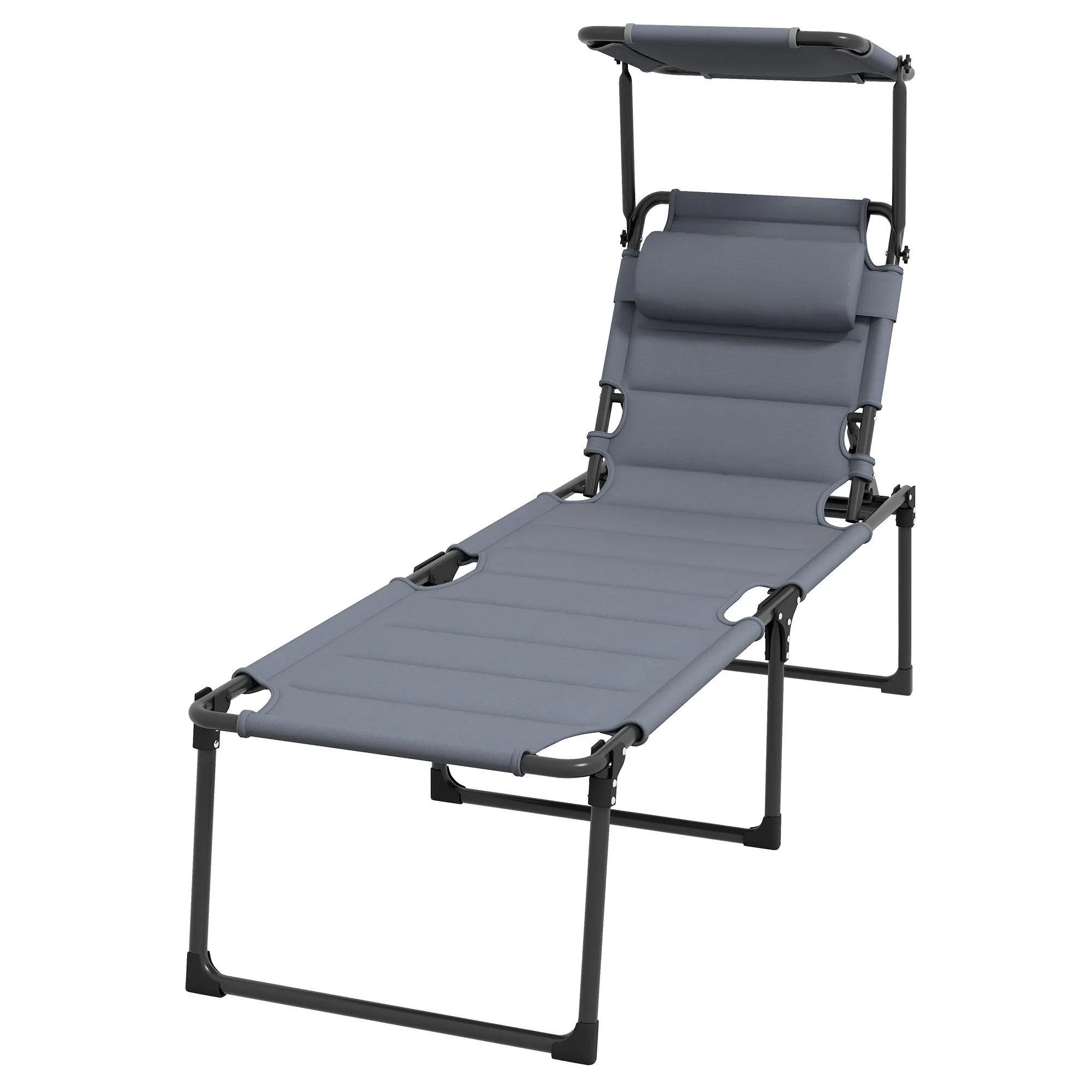 4-Position Adjustable Backrest Folding Lounge Chair with Cushion, Canopy & Pillow, Gray